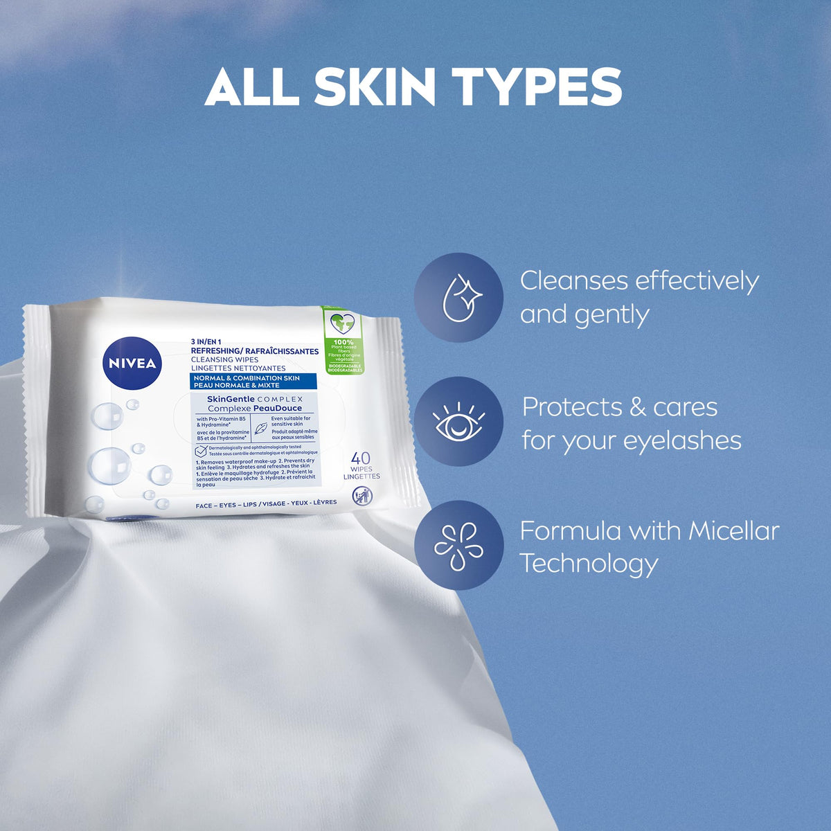 NIVEA 3-in-1 Refreshing Face Cleansing Wipes (40 Count), Normal/Combination Skin, Biodegradable, Plant-Based Fibres, Makeup Remover, Dermatologically Tested