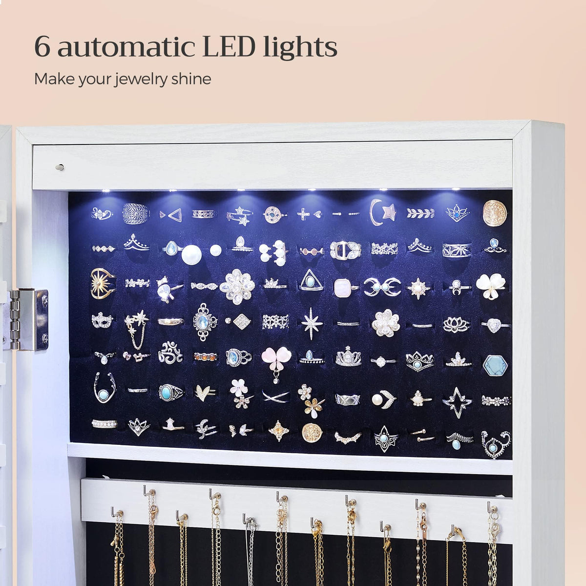 SONGMICS 6 LEDs Mirror Jewelry Cabinet, 47.2-Inch Tall Lockable Wall or Door Mounted Jewelry Armoire Organizer with Mirror, 2 Drawers, 3.9 x 14.6 x 47.2 Inches, White UJJC93W