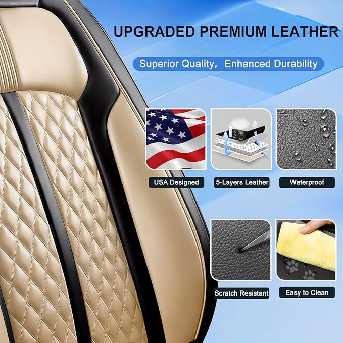 Fit Accord Car Seat Covers for Select Honda Accord 2012-2026 - Premium Full Coverage Leather, Airbag Compatible, Waterproof & All Weather Seat Protector, Front Pair Black+Beige