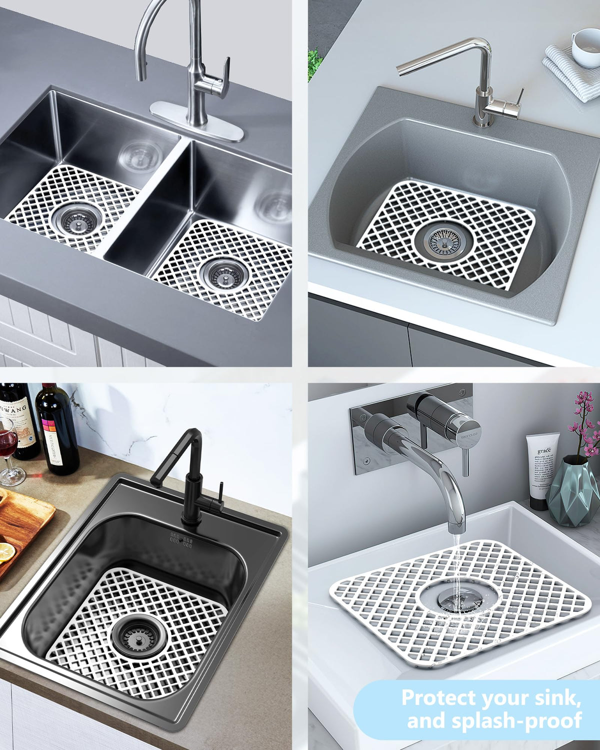 Behok 2 Pack Silicone Kitchen Sink Protector Mat, Trellis 12 x 11" White