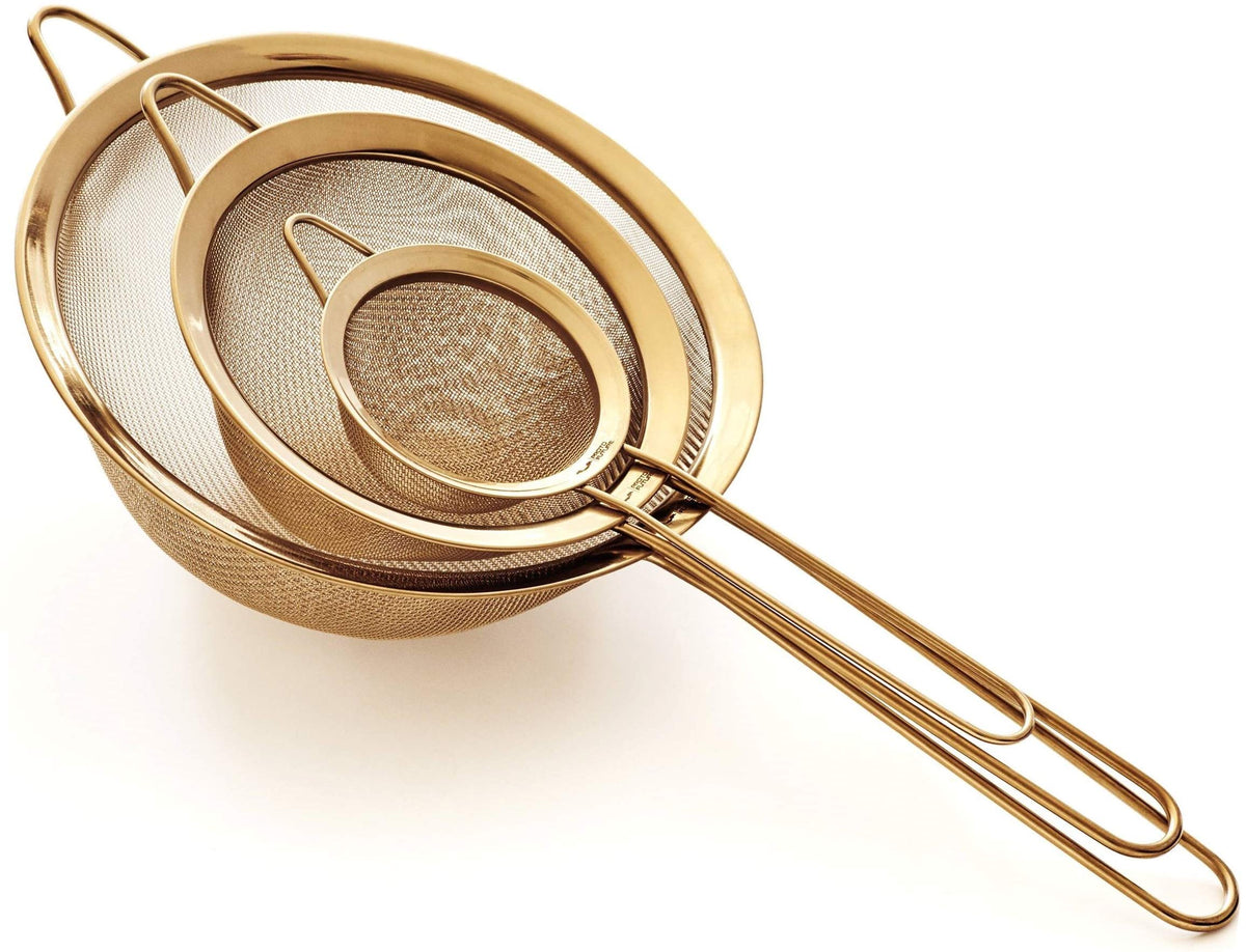 Proto Future Strainer Set Fine Mesh – Premium 304 Stainless Steel (18/8) – 8″, 5.5″ and 3.3″ Sturdy Kitchen Strainers (Gold)