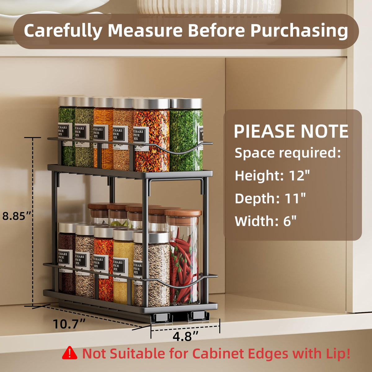 Bunoxea Pull Out Spice Rack 2 Pack,Slide Out Cabinet Spice Rack,Black