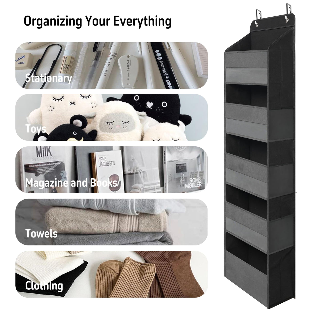 TYMENSH Black Over Door Organizer with 5 Large Pockets and 6 Side Mesh Pockets, Anti-Tilt Hanging Door Storage for Closet, Bathroom, Nursery, Bedroom, Dorm