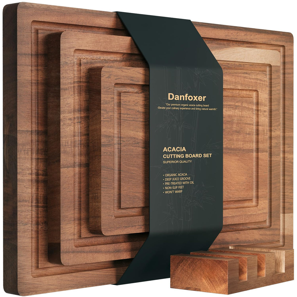 Danfoxer Set of 3 Acacia Wood Cutting Board Set with Stand Holder