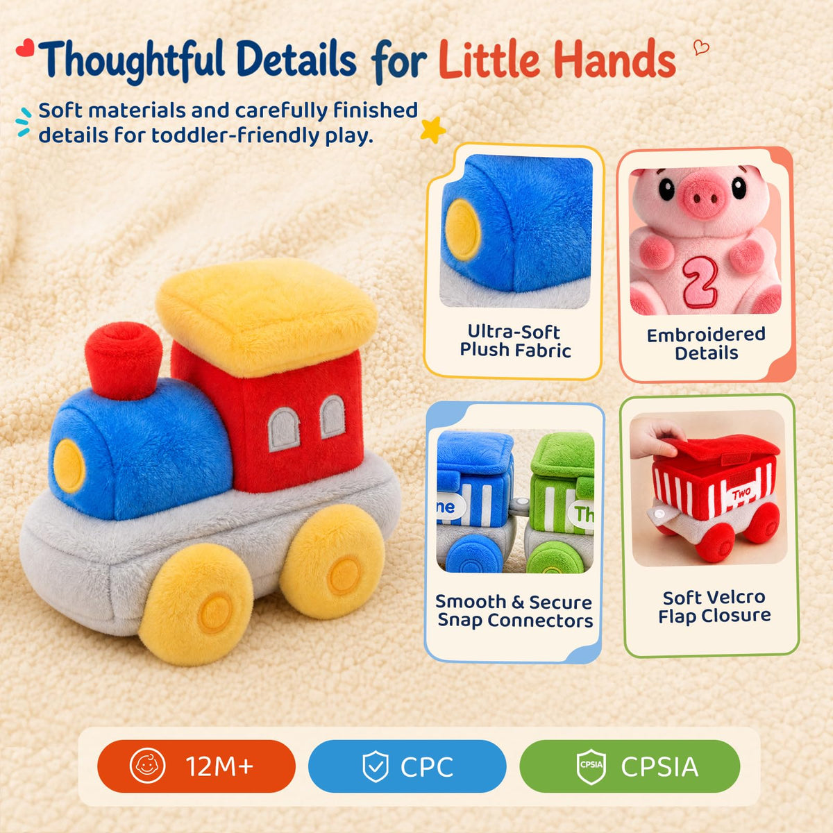SAIMAND Baby Toys 12-18 Months, Soft Plush Animal Train Sensory Playset