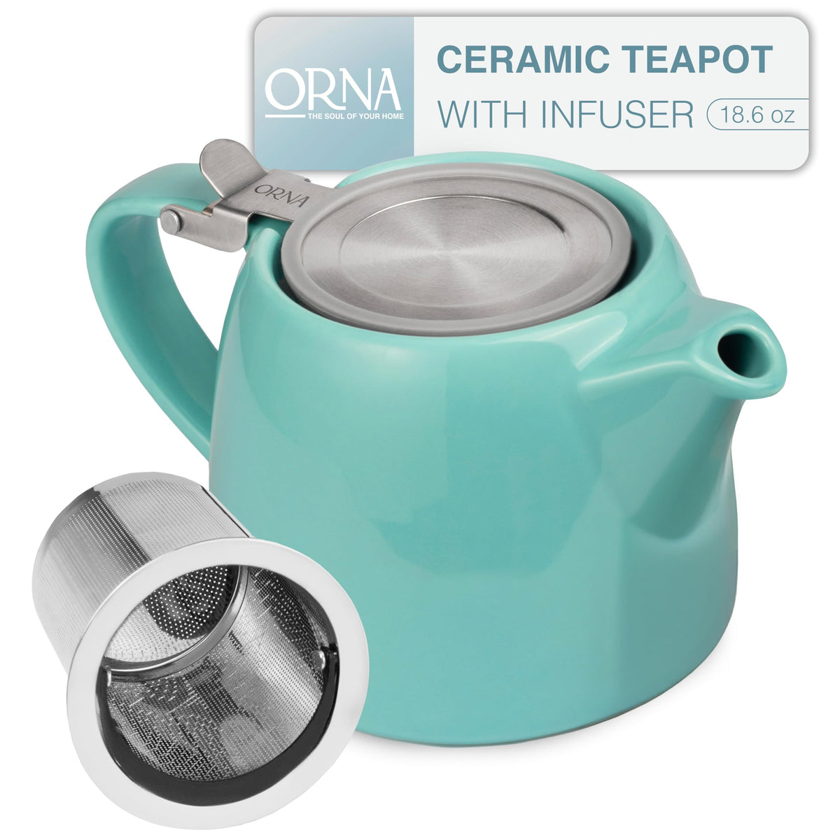 ORNA Ceramic Teapot with Tea Infuser – Small Tea Pot for Loose Leaf Tea – 550ml / 18.6 Oz Non-Stove Porcelain Teapot for 2 Cups with Tea Strainer (Turquoise)