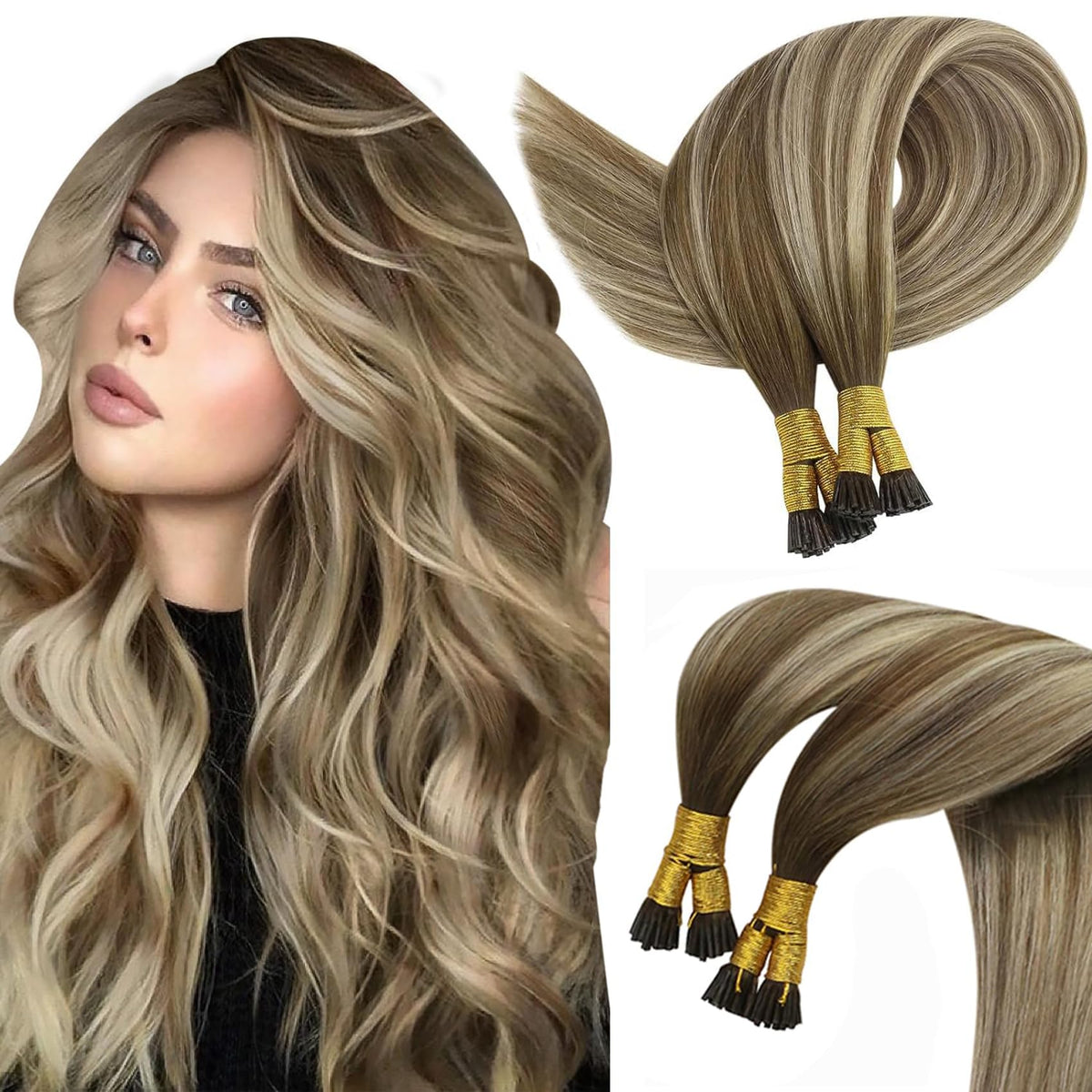 Sunny Itip Human Hair Extensions Brown Balayage Itip Hair Extensions Cool Brown Balayage Light Brown Highlight Blonde I Tip Hair