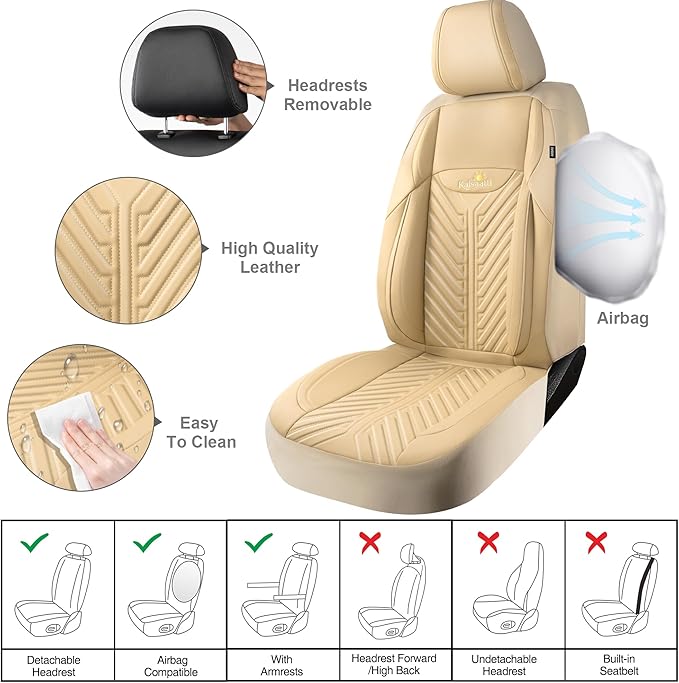 PU Leather Car Seat Covers Front Set – Waterproof seat Cover for Cars，3D Foam Support Automotive seat Covers ，Airbag Compatible, Universal Fit for Cars SUVs Trucks Sedans（Khaki）