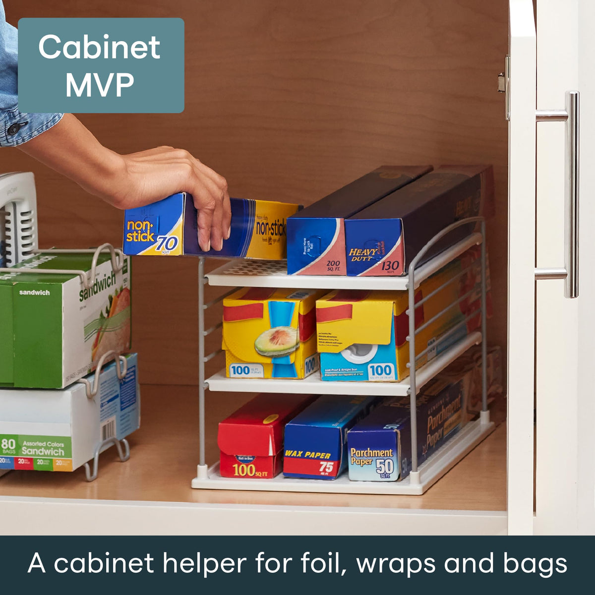 YouCopia UpSpace Adjustable Box Organizer for Foil Wrap and Kitchen Cabinet Storage, Original, White