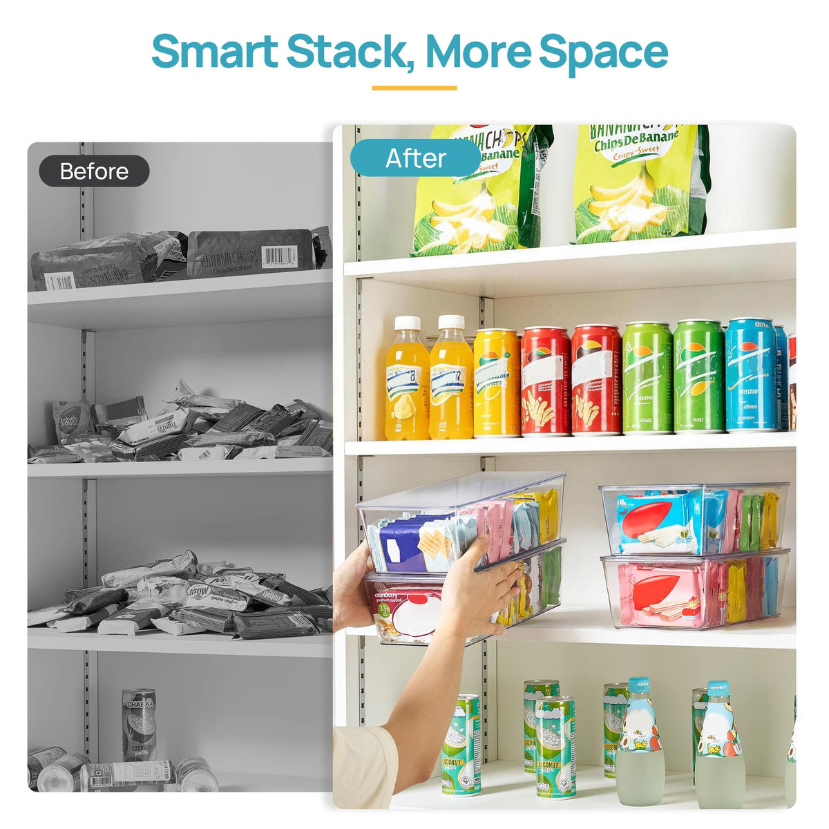 Vtopmart 4 Pack Pantry Organizer Bins with Lids, Removable Dividers