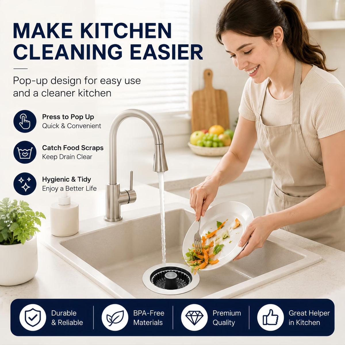 2PCS Kitchen Sink Stopper, 3-in-1 Pop Up Sinks Strainer Basket, Rust-Proof