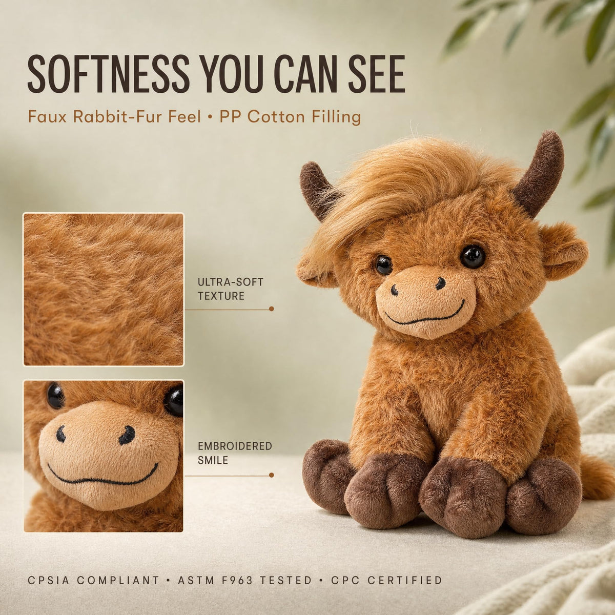 SHSEEN Highland Cow Plush, 8-Inch Brown Cow in Window Gift Box