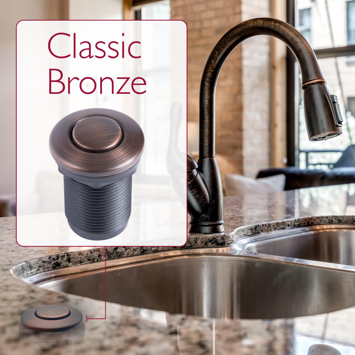 JB Products Disposal Air Switch Kit for Garbage Disposal Hands-Free On/Off Control UL Approved Includes 6' Air Tube 1-3/8" Air Button Safe & Convenient for Kitchen No Wiring Needed (Bronze)