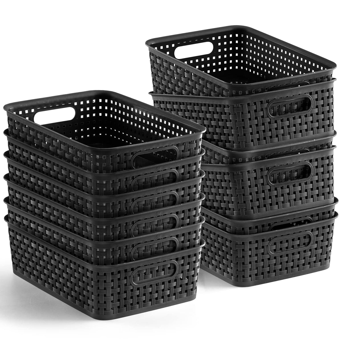 [ 12 Pack ] Plastic Storage Baskets, Small Pantry Organization and Storage Bins, Household Organizers for Laundry Room, Bathrooms, Kitchens, Cabinets, Countertop, Under Sink or Shelves, Black