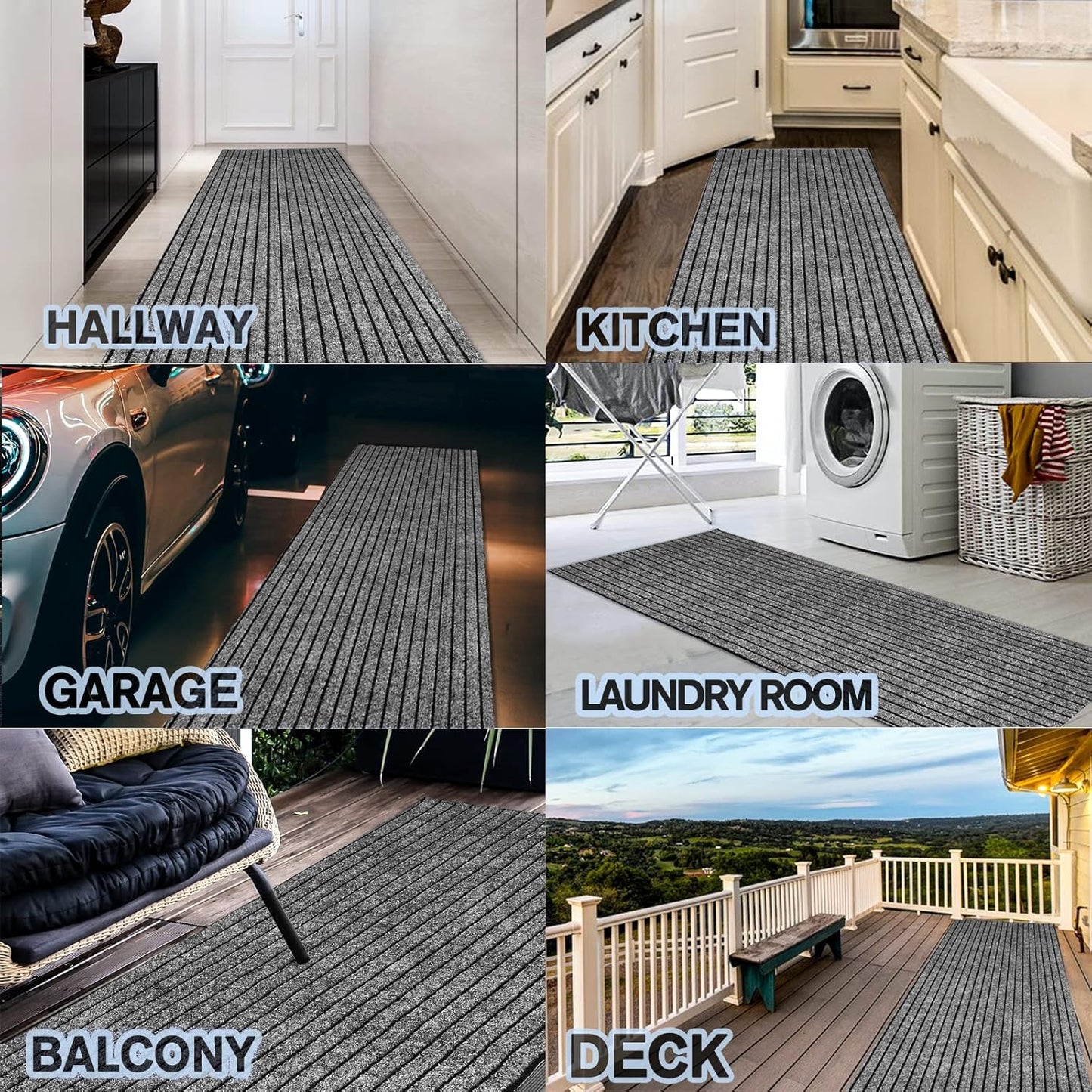 Custom Size Backed Non-Slip Area Rugs Runner, Easy Clean, Waterproof Runner Rugs for Hallway Entryway, Kitchen, Laundry, 3FT x 15FT, Gray Stripe