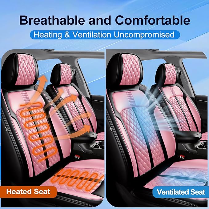 Fit Ridgeline Car Seat Covers for Select Honda Ridgeline 2007-2026 - Premium Full Coverage Leather, Airbag Compatible, Waterproof & All Weather Seat Cushion Protector, Full Set, Black+Pink
