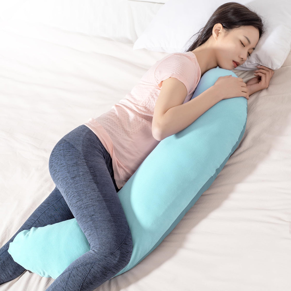 BYRIVER 39" Mint Green Blue C J Shaped Body Pillow for Side Sleeping Adults Men Women, Anxiety Relief Hug Pillow, Small Pregnancy Pillow Legs Knees Support, Gifts for New Moms (L)