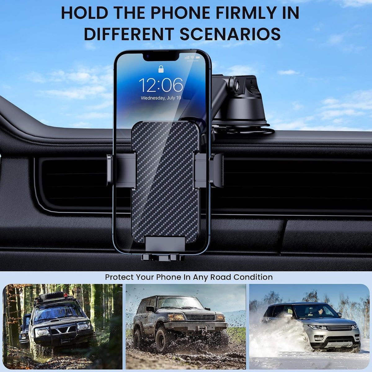 GUWEZ Phone Holders for Your Car [Military Grade Suction Ultra Strong Base] Cell Phone Car Holder 3 in 1 Dashboard Accents/Windshield/Air Vent Hands-Free for Video Installation Kit iPhone Android