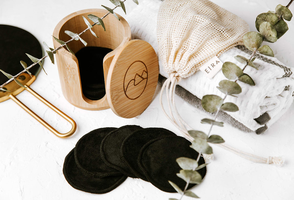 Reusable Makeup Remover Pads with Bamboo Holder – Washable Bamboo Cotton Rounds for Face, Toner & Sensitive Skin – Eco Friendly Zero Waste Skincare Set by EIRA