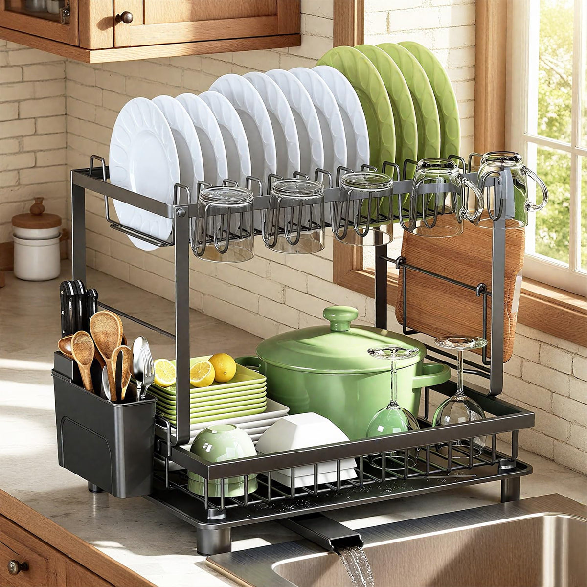 Nfnoyp 2-Tier Dish Drying Rack for Kitchen Counter, Space-Saving, Black