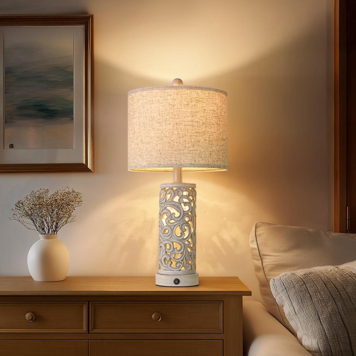 OYEARS 22'' Farmhouse Table Lamp for Living Room, Bedside Lamp with 2 USB Ports for Bedroom, Rustic Nightstand Lamp with Linen Lampshade for Office Hallway Home Decor, Distressed Grey (Bulb Included)