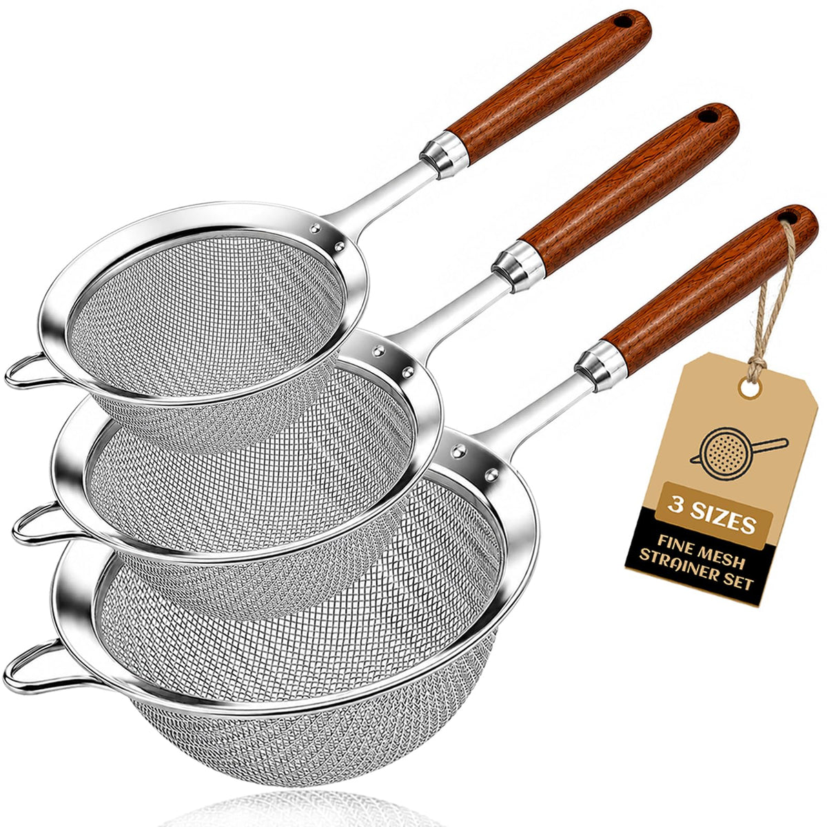 Fine Mesh Strainer Set, 30 Mesh 304 Stainless Steel Kitchen Sieve with Wooden Handle, 3 Sizes 12/14/18cm, for Sifting Flour, Tea, Rice, Pasta and Food Prep, 3 Piece Set