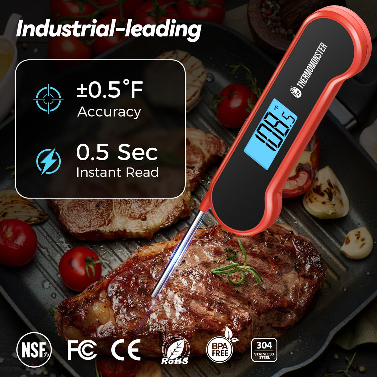 0.5 Sec Instant Read Meat Thermometer Digital for Cooking, Red