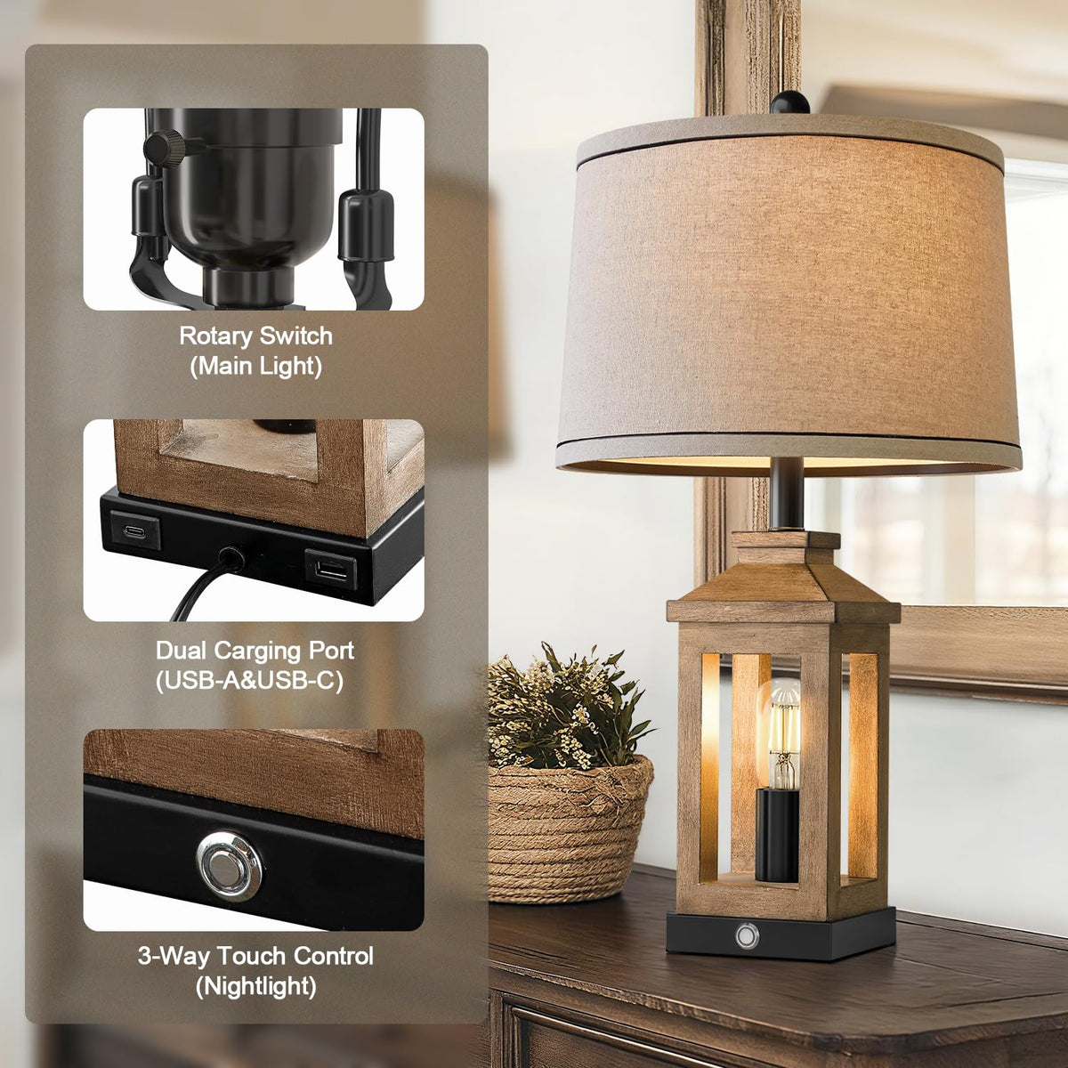 BOBOMOMO 23.75" Natural Wood Farmhouse Table Lamps Set of 2 – Retro Nightstand Lamps with 3 Way Dimmable Touch Control Night Light & USB A+C Ports, Rustic Lamps for Living Room, Bedroom, Entryway