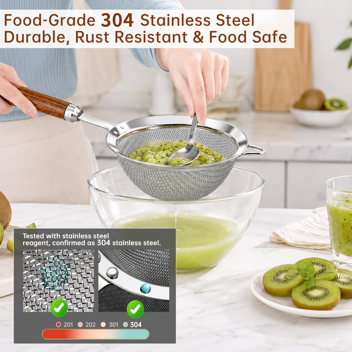 Fine Mesh Strainer Set, 30 Mesh 304 Stainless Steel Kitchen Sieve with Wooden Handle, 3 Sizes 12/14/18cm, for Sifting Flour, Tea, Rice, Pasta and Food Prep, 3 Piece Set