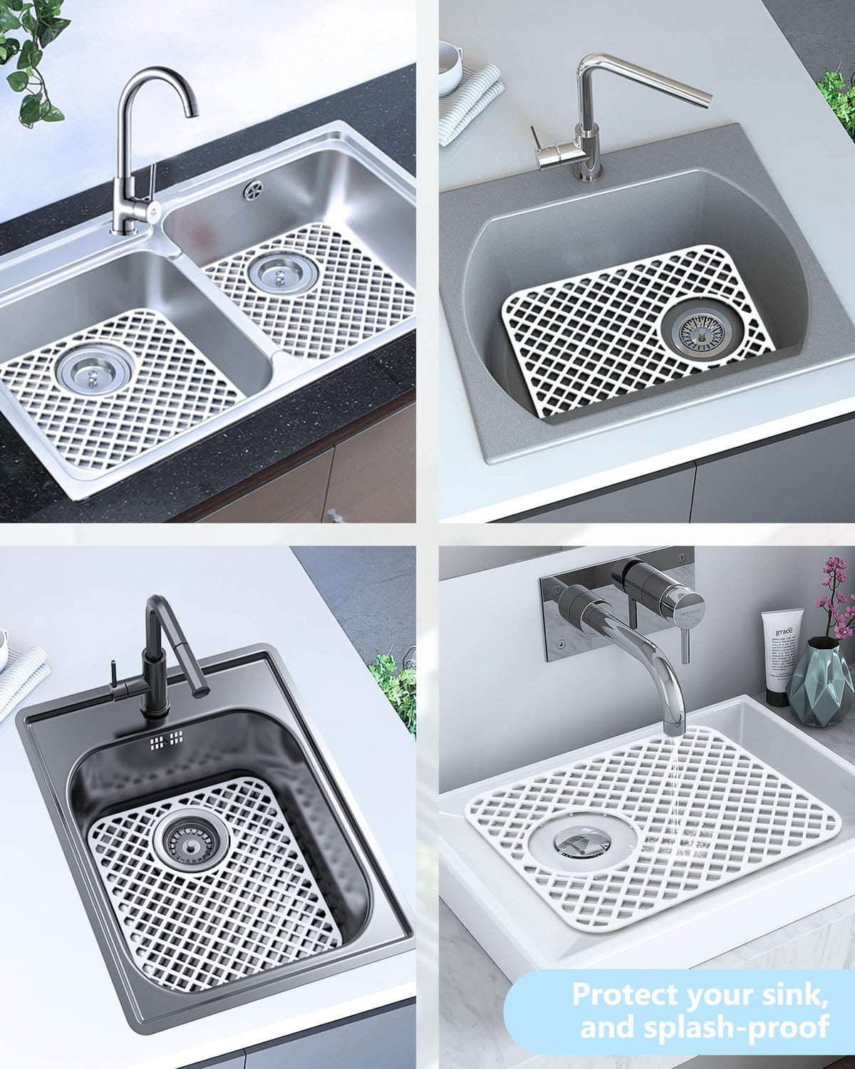 BEHOK 2 Pack Silicone Sink Protectors for Kitchen Sink, Trellis 13x11 White