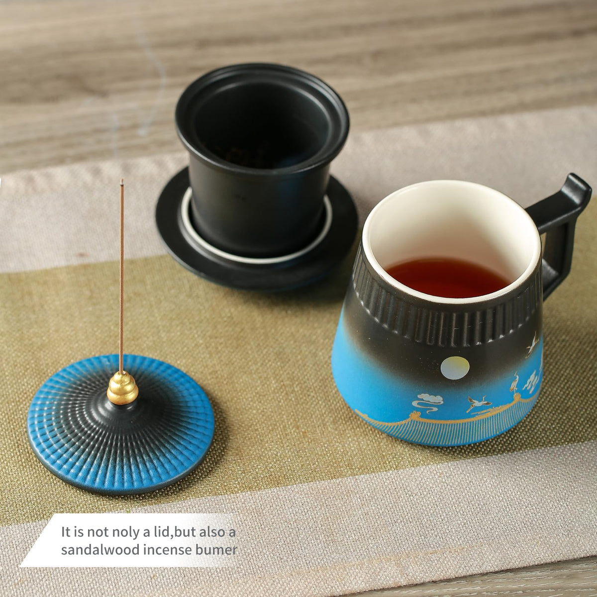Coolpei Loose Leaf Tea Cup with Infuser and Lid, 14.8oz Chinese Ceramic Mug with Fine Mesh Strainer, Office Steeping Cup for Tea Lovers Gifts