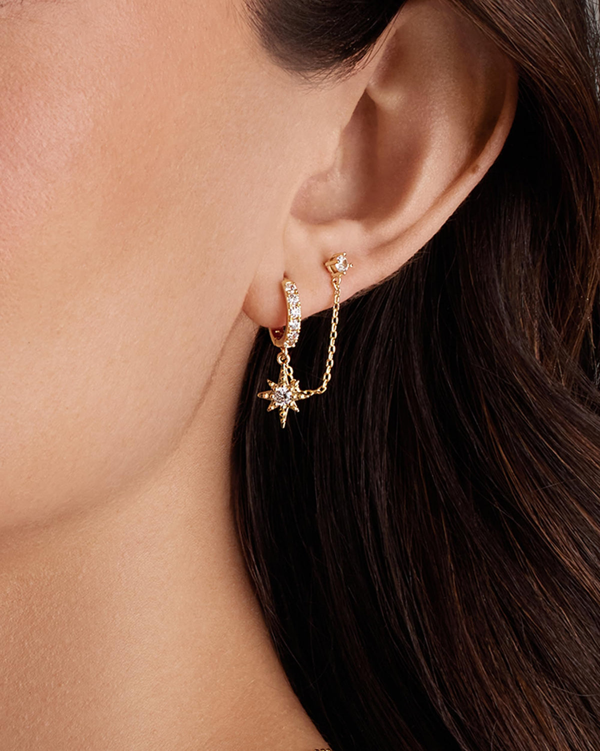 PAVOI CZ Dangle Chain Earrings Women, Star Gold Plated Double Hoop & Stud