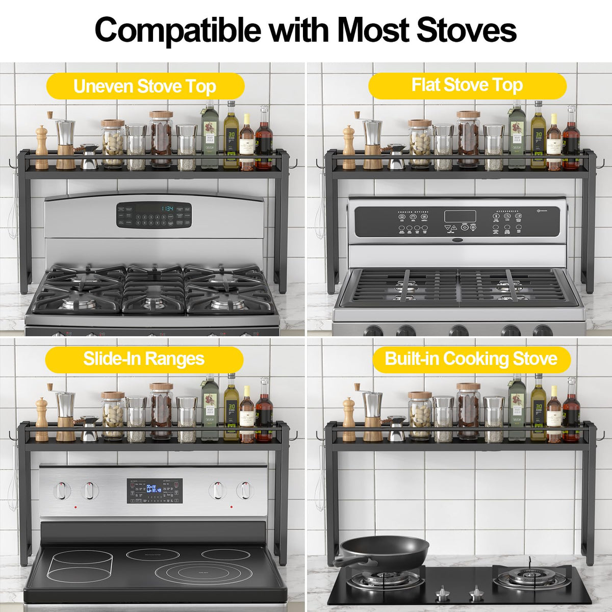 ThreeHio Expandable Spice Rack Shelf for Kitchen Stove, Over the Stove Shelf with 2 Hooks, Adjustable Height Metal Stove Top Shelf Organizer, Kitchen Countertop Seasoning Storage Organization, Black