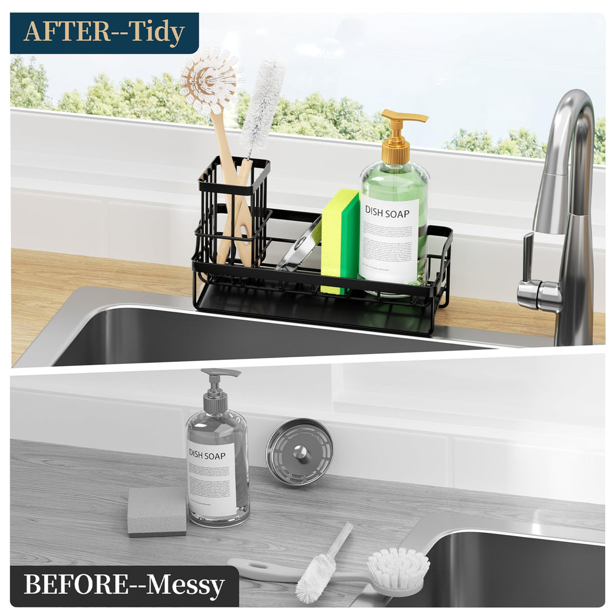 Consumest Sponge Holder for Kitchen Sink - Sink Caddy with Stainless Steel Self Drain Tray, Sink Organizer with High Brush Holder Countertop for Kitchen Sink Accessories, Black