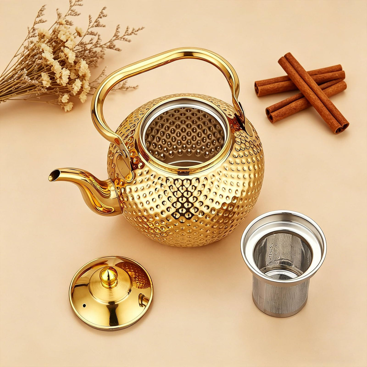 2L/67.6oz Gold Tea Kettle, Hammered Stovetop Teapot with Removable Fine Mesh Infuser, Stainless Steel Rust-proof Vintage Water Boiler for Induction/Gas, Home Office Camping Gift