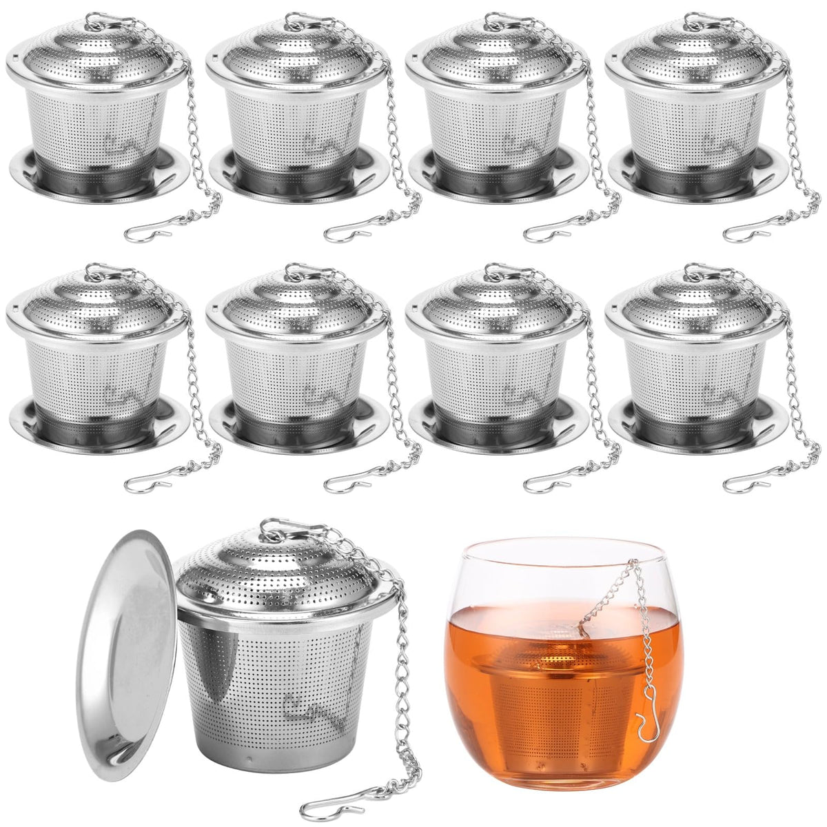 9 Pcs Stainless Steel Tea Infusers, Mesh Loose Leaf Tea Strainers, Mesh Strainer with Drip Trays and Hook Chain, Ideal for Cups, Mugs, Teapots