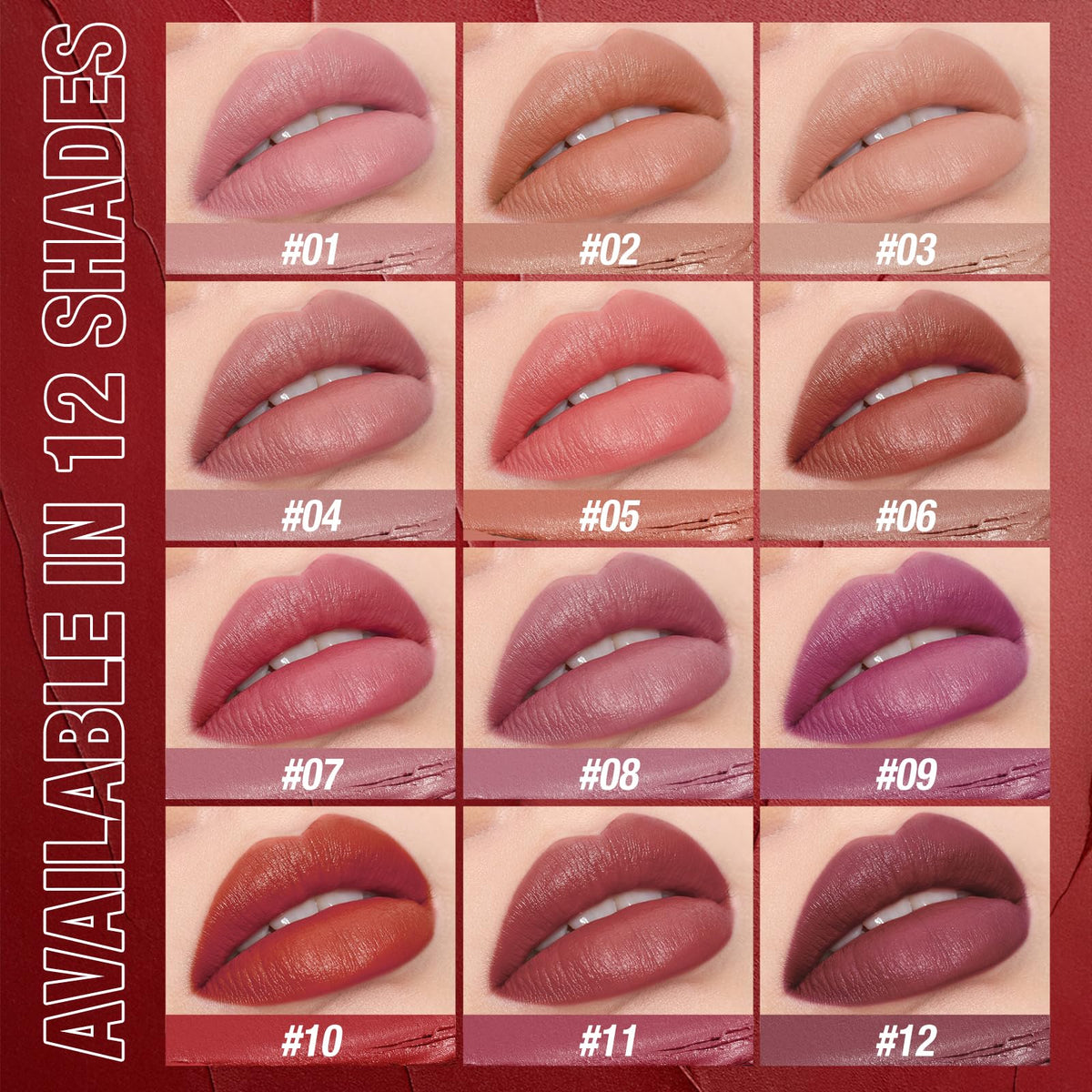 12Pcs Velvet Matte Lipstick Set, Nude to Dark Shades, Long-Lasting,Color A