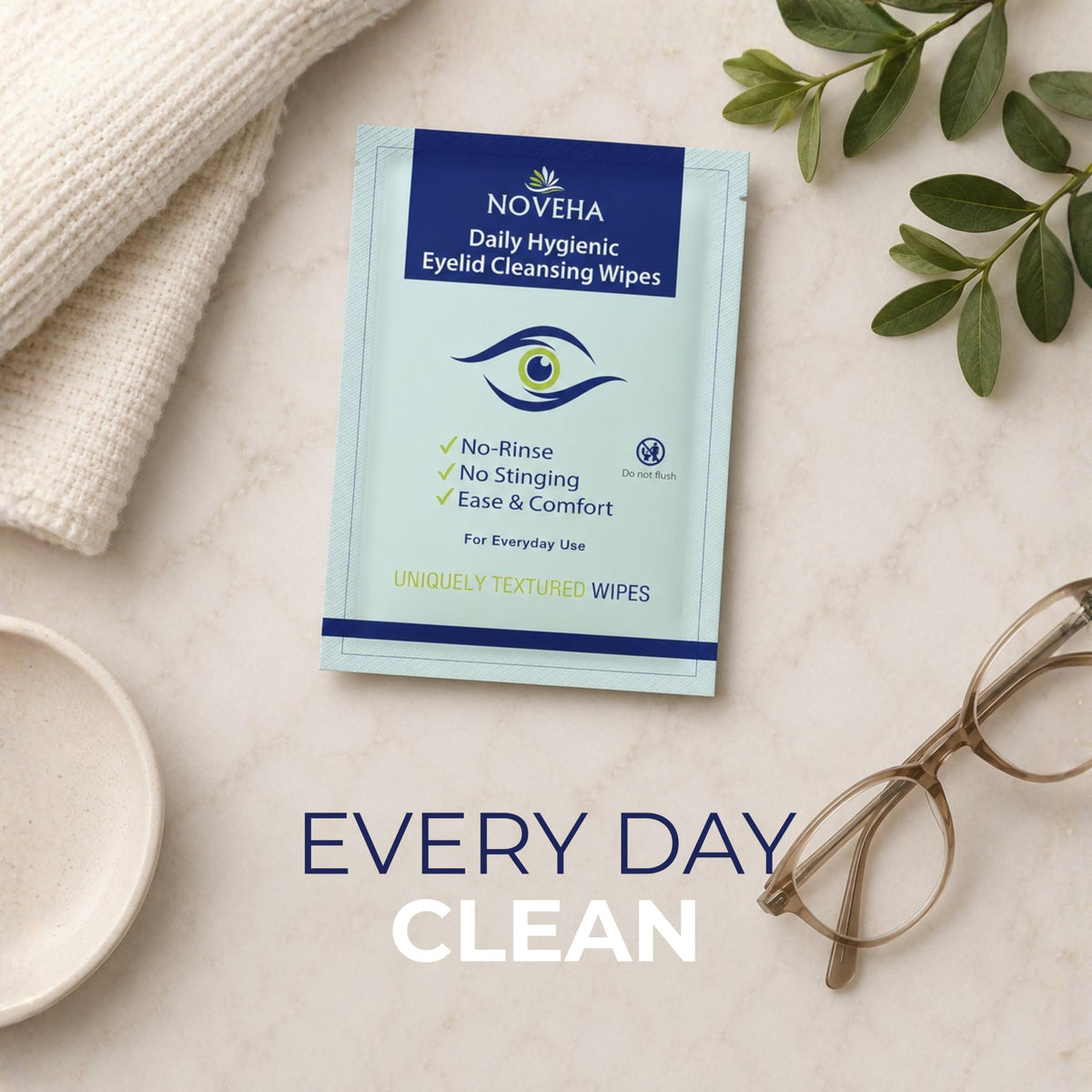 NOVEHA 60PCs Daily Hygienic Eyelid & Lash Wipes | For Blepharitis & Itchy Eyes, Demodex | Individually Wrapped Refreshening Eyelid Wipes, Natural Makeup Remover & Calming Moisturizer