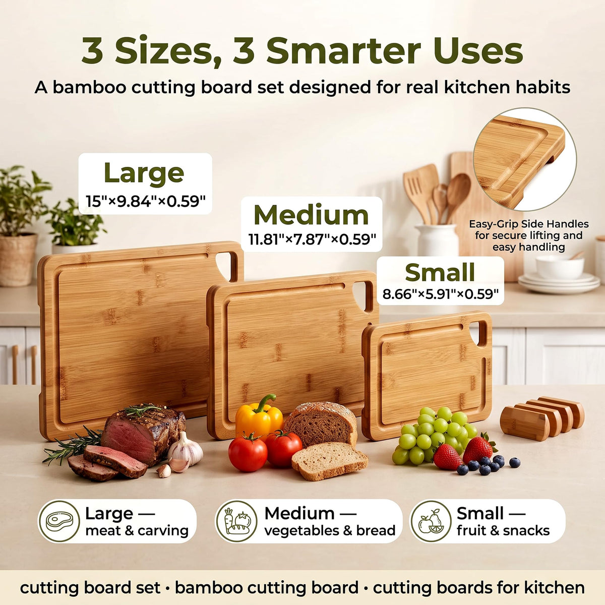 3-Piece Bamboo Cutting Board Set with Holder, Juice Groove for Kitchen Prep