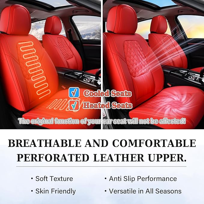 Coverado Seat Covers, Car Front Seat Covers with Backrest, Nappa Leather Car Seat Protectors,Waterproof &Breathable,Anti-Slip Automotive Seat Cushion, Universal Fit for Most Vehicles,2Pcs Red