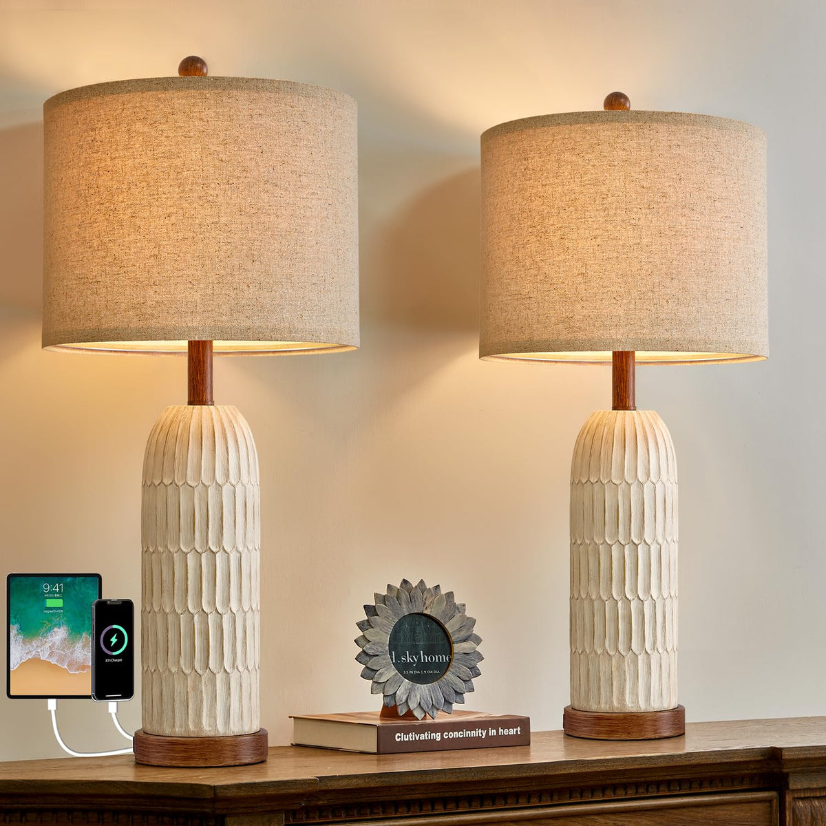 OYEARS 26.5" Bedside Table Lamps Set of 2, Farmhouse Table Lamp with USB A+C Charging Ports,Vintage Nightstand Lamp for Bedrooms and Living Rooms, Retro Resin End Table Lamp with Linen Shade, Brown