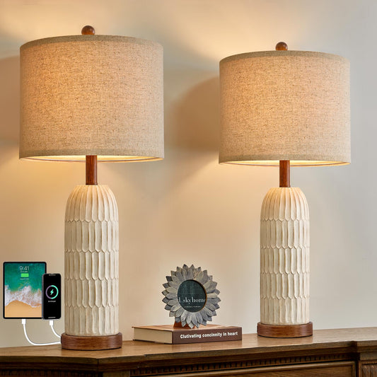 OYEARS 26.5" Bedside Table Lamps Set of 2, Farmhouse Table Lamp with USB A+C Charging Ports,Vintage Nightstand Lamp for Bedrooms and Living Rooms, Retro Resin End Table Lamp with Linen Shade, Brown