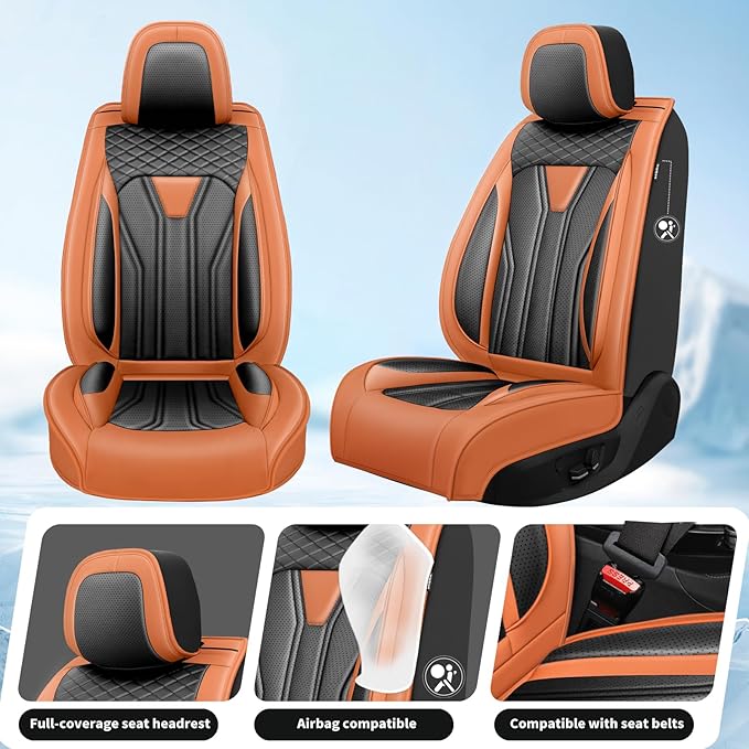 Fit Frontier Car Seat Covers Premium Leather for Nissan Frontier 2009-2025 2026. Waterproof， Breathable, Scratch-Resistant & All-Weather Seat Cushion Protector（Front Seat,Orange&Black