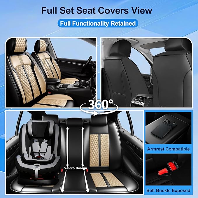Fit Prologue Car Seat Covers for Select Honda Prologue 2024-2026 - Premium Full Coverage Leather, Airbag Compatible, Waterproof & All Weather Seat Cushion Protector, Front Pair Black+Beige