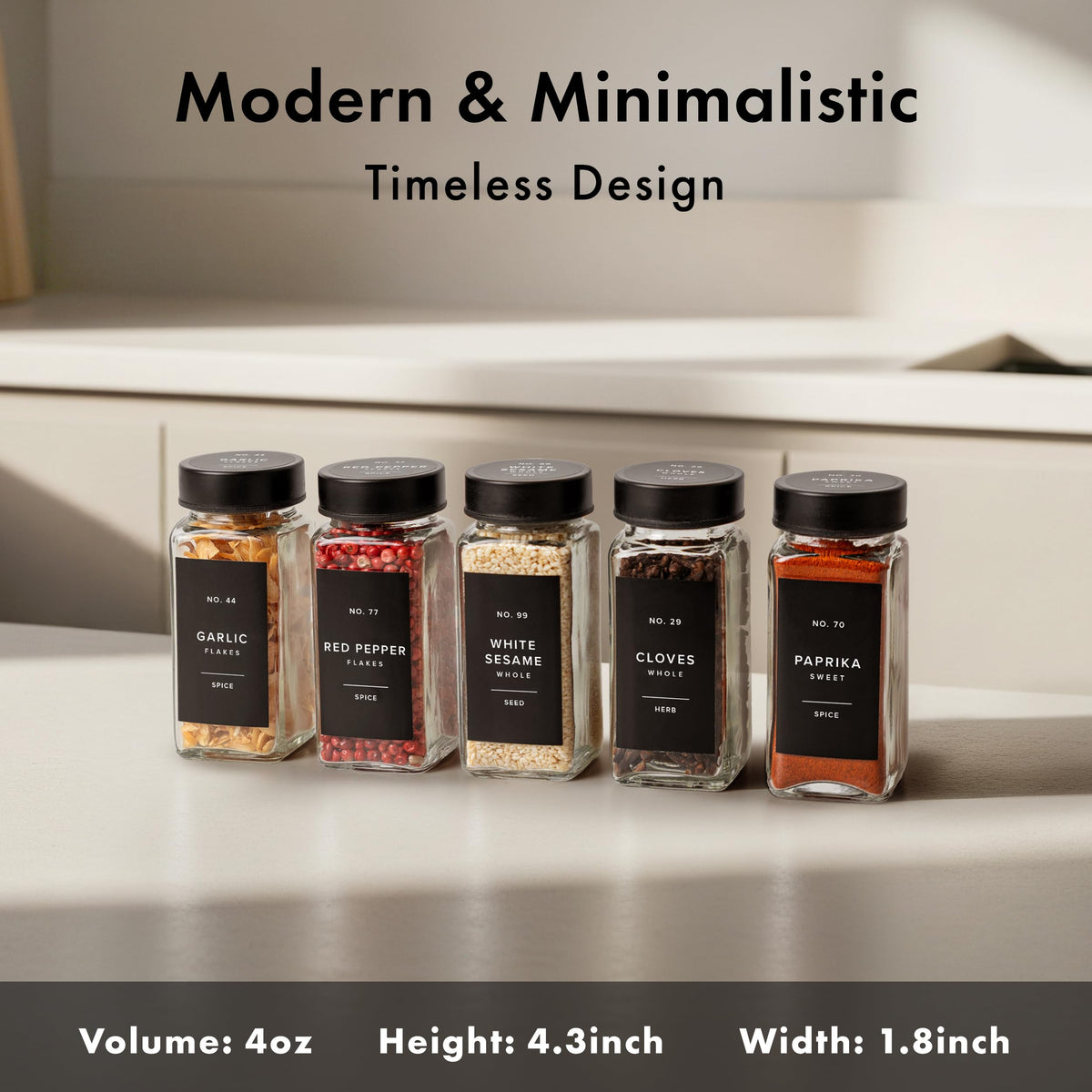 EDELHAUS Glass Spice Jars with Label, Seasoning Set, 36x Black Steel Lids