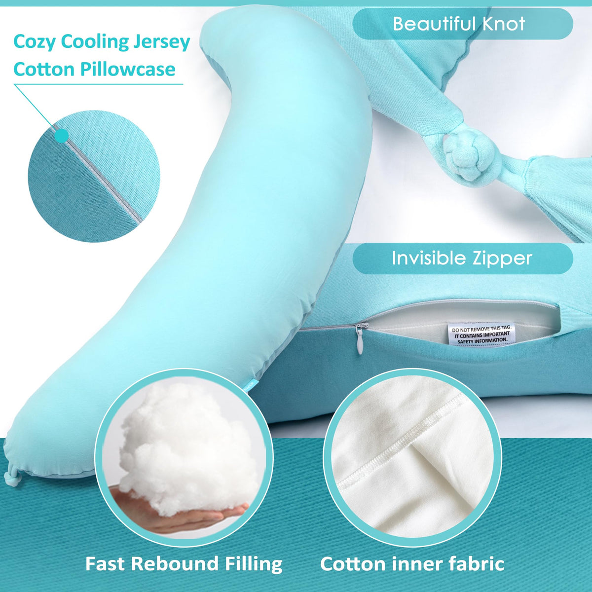 BYRIVER 39" Mint Green Blue C J Shaped Body Pillow for Side Sleeping Adults Men Women, Anxiety Relief Hug Pillow, Small Pregnancy Pillow Legs Knees Support, Gifts for New Moms (L)