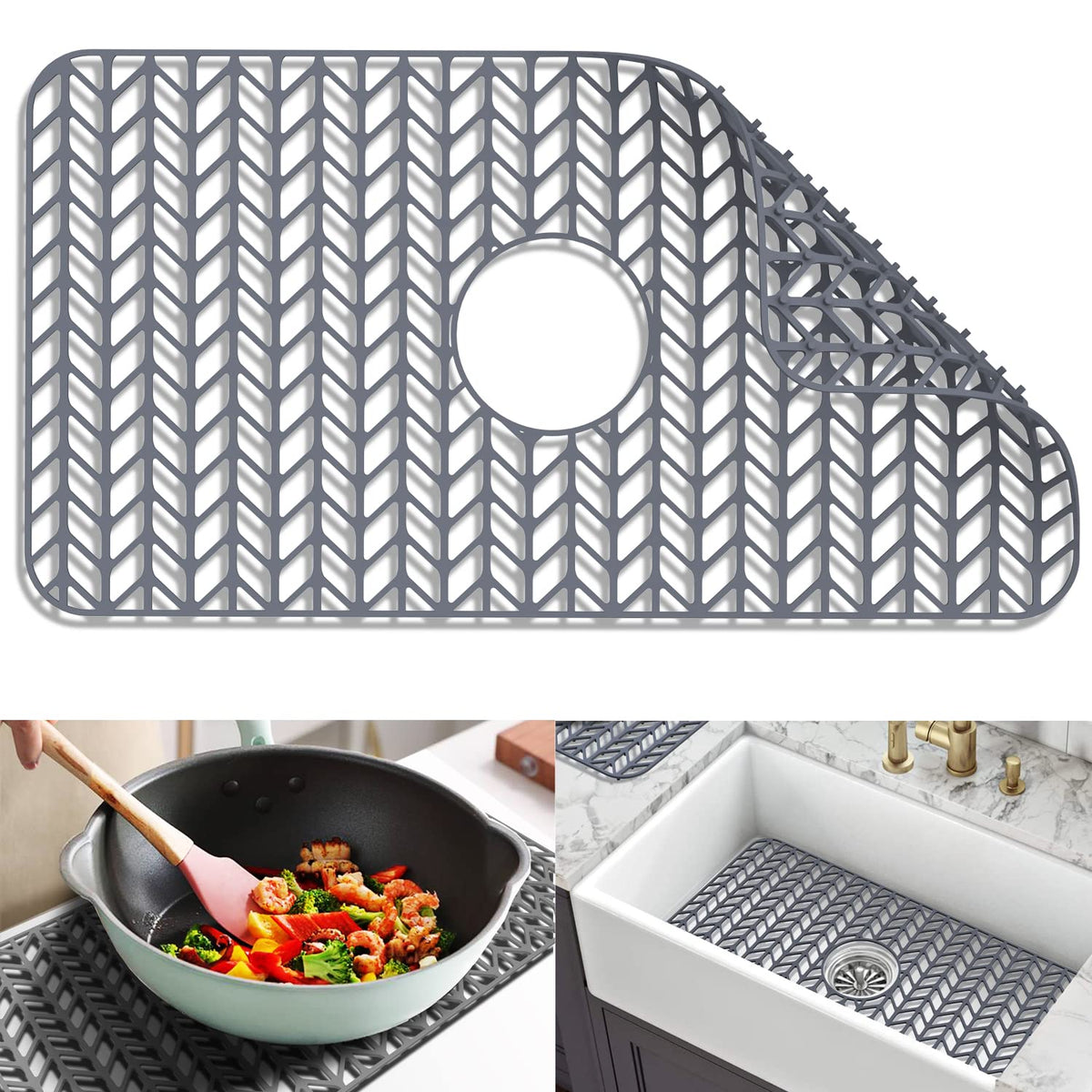 JOOKKI Sink Protectors for Kitchen Sink 12"13"16"18"19"24"26"28"29"30",Silicone kitchen sink mats protector for bottom of farmhouse sink(26"x14"Center Drain Gray)