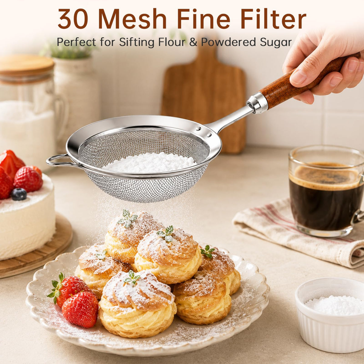 Fine Mesh Strainer Set, 30 Mesh 304 Stainless Steel Kitchen Sieve with Wooden Handle, 3 Sizes 12/14/18cm, for Sifting Flour, Tea, Rice, Pasta and Food Prep, 3 Piece Set