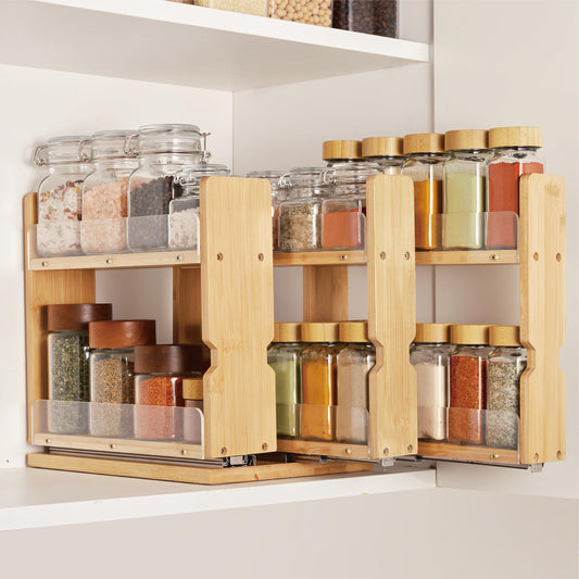 Barlorie Bamboo Pull Out Spice Rack Organizer for Cabinet, 3 Slide-Out Drawers(2"&3") with Wide Drawer for Large Bottles, Kitchen Pantry Heavy-Duty Sliding Vertical Organization, 8.6"W,2-Tier,Natural