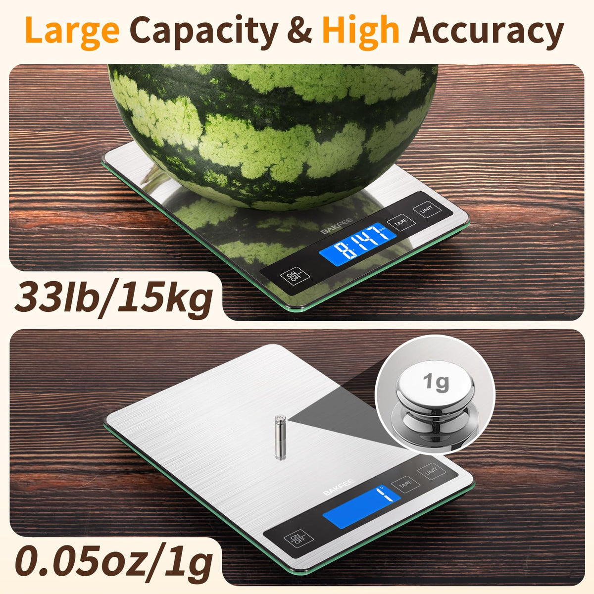 BakFee Food Scale, 33lb Kitchen Scale with 1g Precision, USB-C Rechargeable
